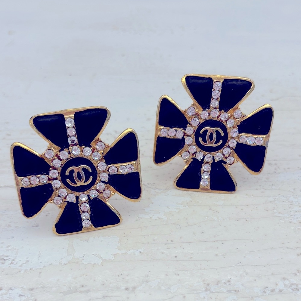 CHANEL Black and Gold Cross Earrings